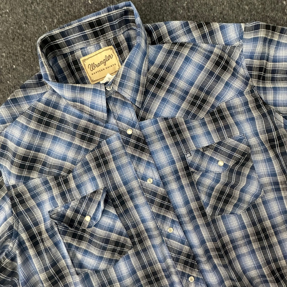 Wrangler Western Shirt Men 2XL Blue Plaid Pearl Snap Short Sleeve Casual Rodeo